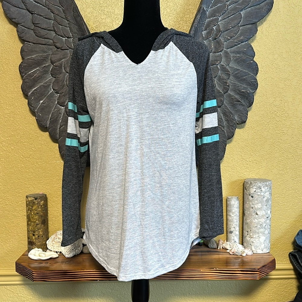 Women’s Grey & Charcoal Raglan Hoodie Top with Teal Stripes